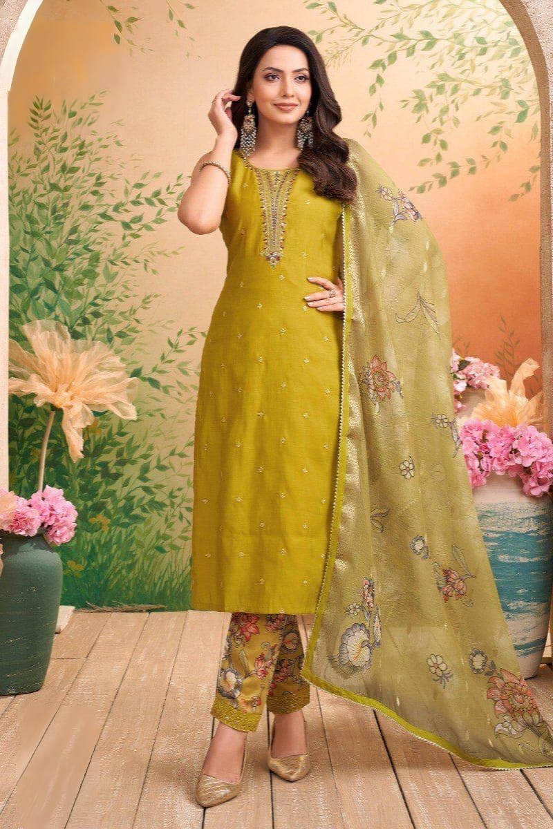 Shree Shanti Selection - Olive Green Embroidered Straight Cut Suit with Floral Dupatta for Women